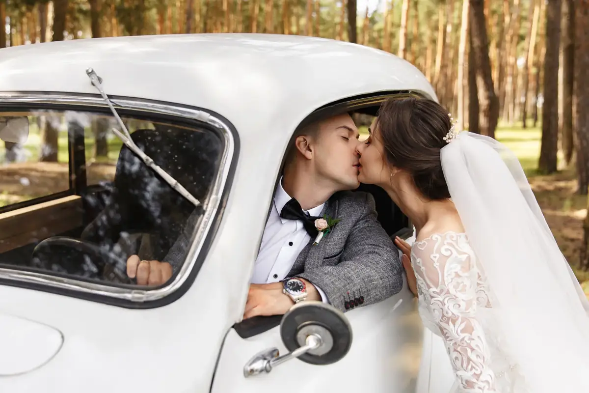Bride and getaway car